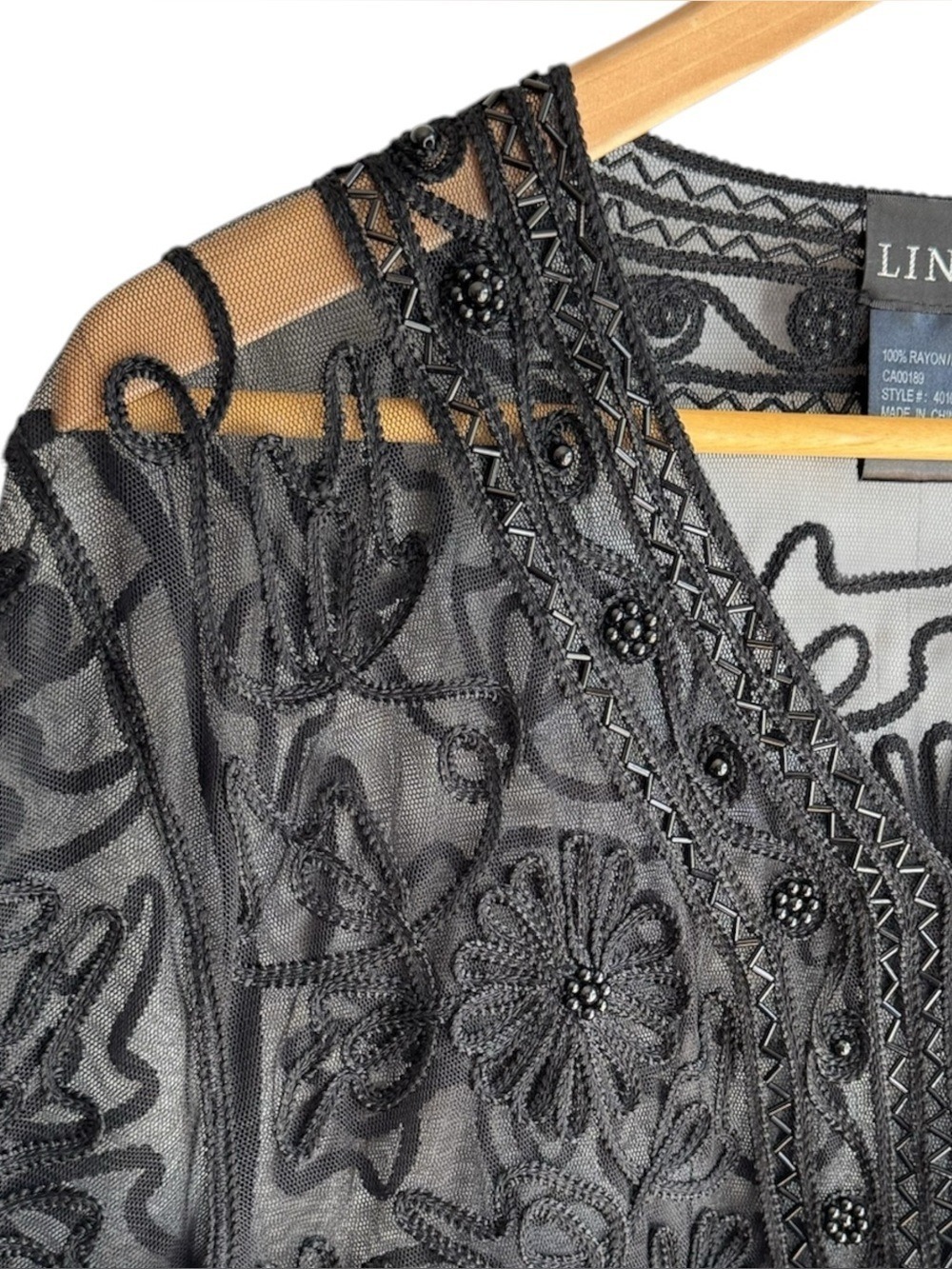 Vintage Beaded Sheer Mesh Jacket Sz L Black Floral Embroidered Evening Topper